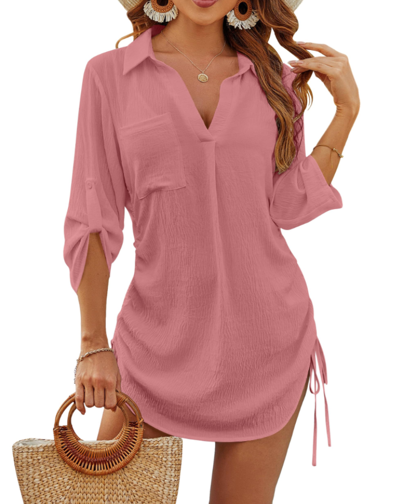 Noemi Damen-Badehemd – Strandbluse mit Kordelzug, 3/4-Ärmeln & Casual-Chic-Stil