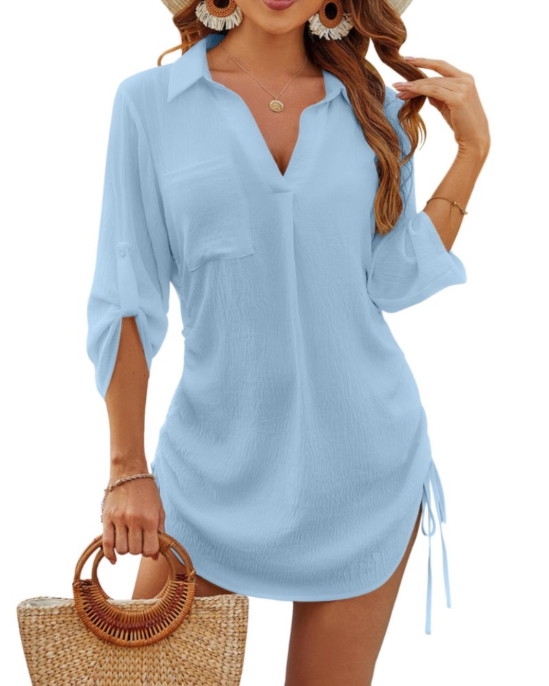 Noemi Damen-Badehemd – Strandbluse mit Kordelzug, 3/4-Ärmeln & Casual-Chic-Stil