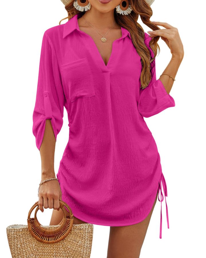 Noemi Damen-Badehemd – Strandbluse mit Kordelzug, 3/4-Ärmeln & Casual-Chic-Stil