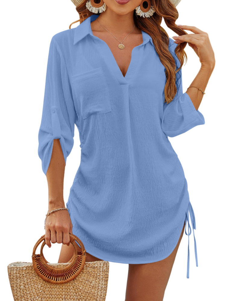 Noemi Damen-Badehemd – Strandbluse mit Kordelzug, 3/4-Ärmeln & Casual-Chic-Stil