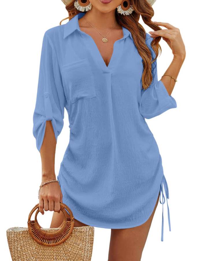 Noemi Damen-Badehemd – Strandbluse mit Kordelzug, 3/4-Ärmeln & Casual-Chic-Stil