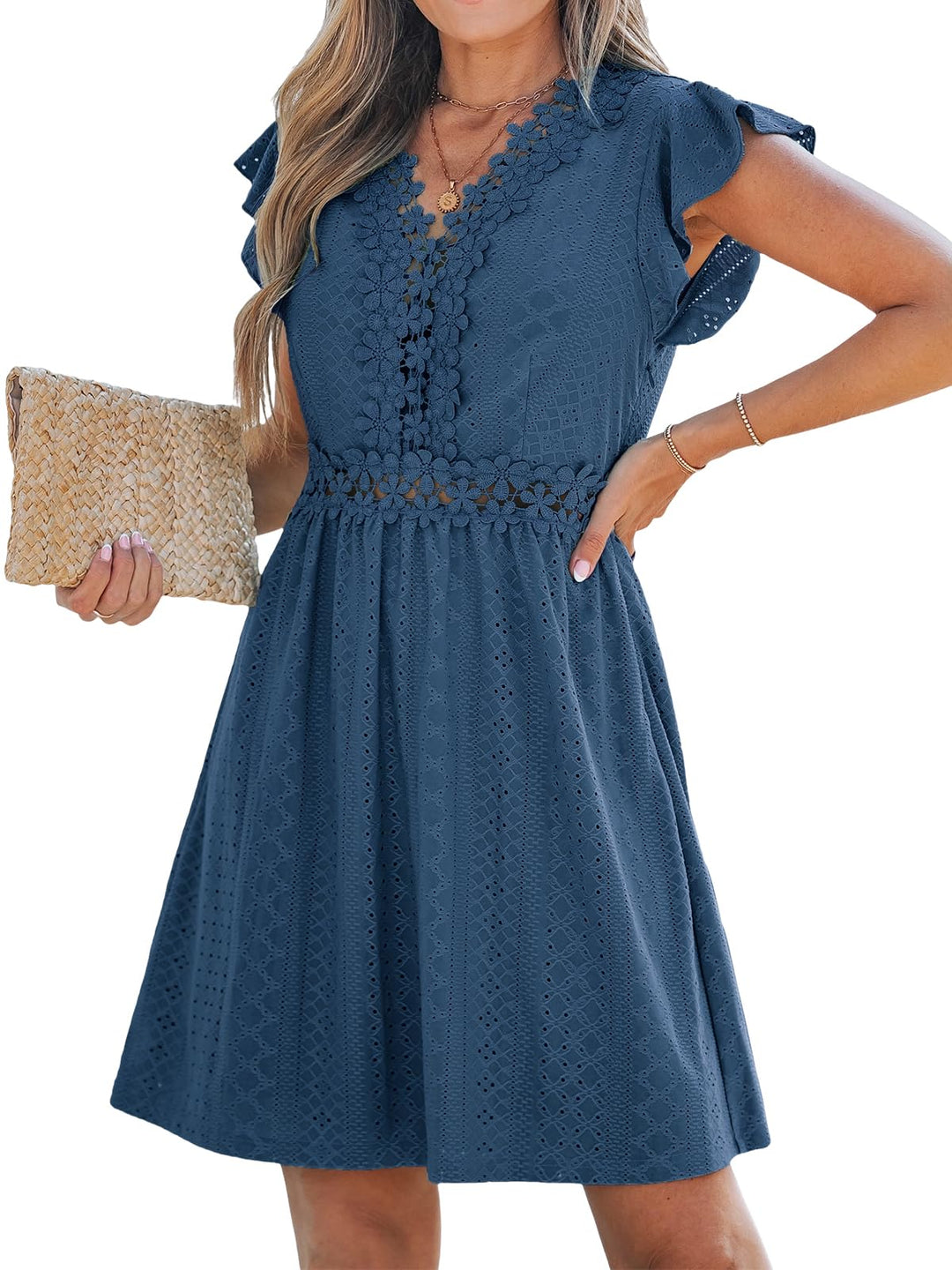Aria Vestito Donna in Pizzo – Scollo a V, Maniche Flutter & Mini Elegante Estivo