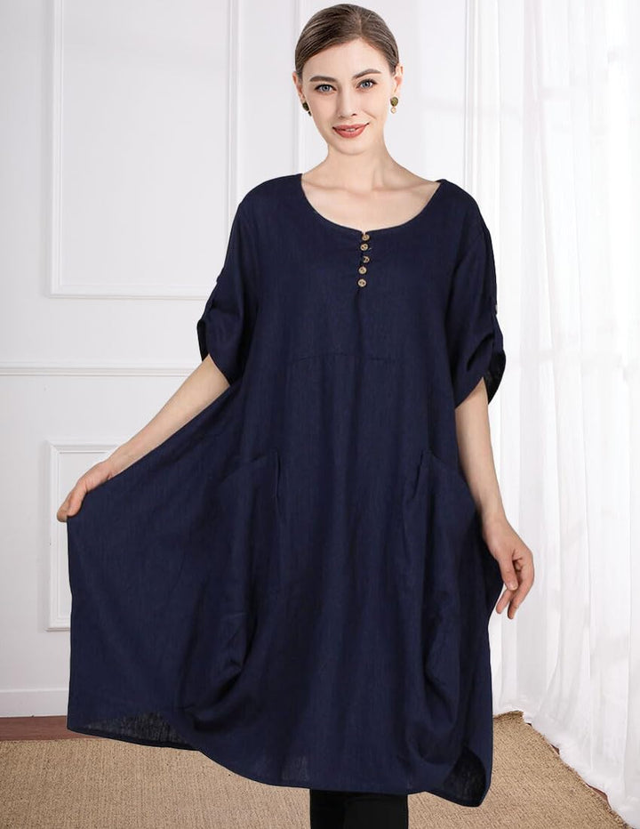 Wisteria Vestito Tunica Donna – Lino Cotone, Maniche Corte & Tasche Boho Oversize