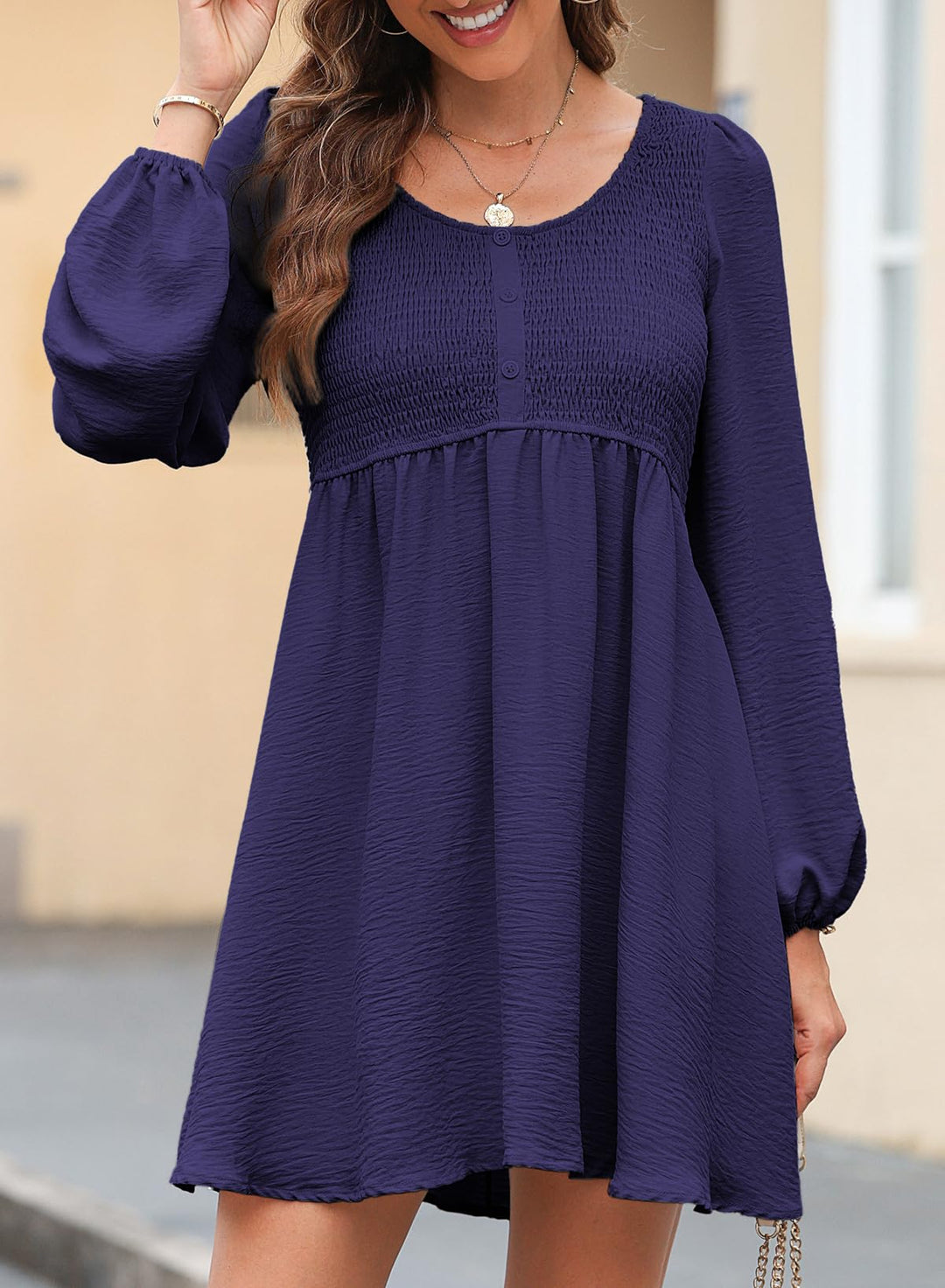 Elara Robe Midi Femme – Manches Longues, Col Rond & Coupe A en Mousseline Élégante