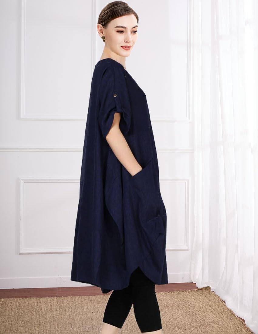 Wisteria Vestito Tunica Donna – Lino Cotone, Maniche Corte & Tasche Boho Oversize