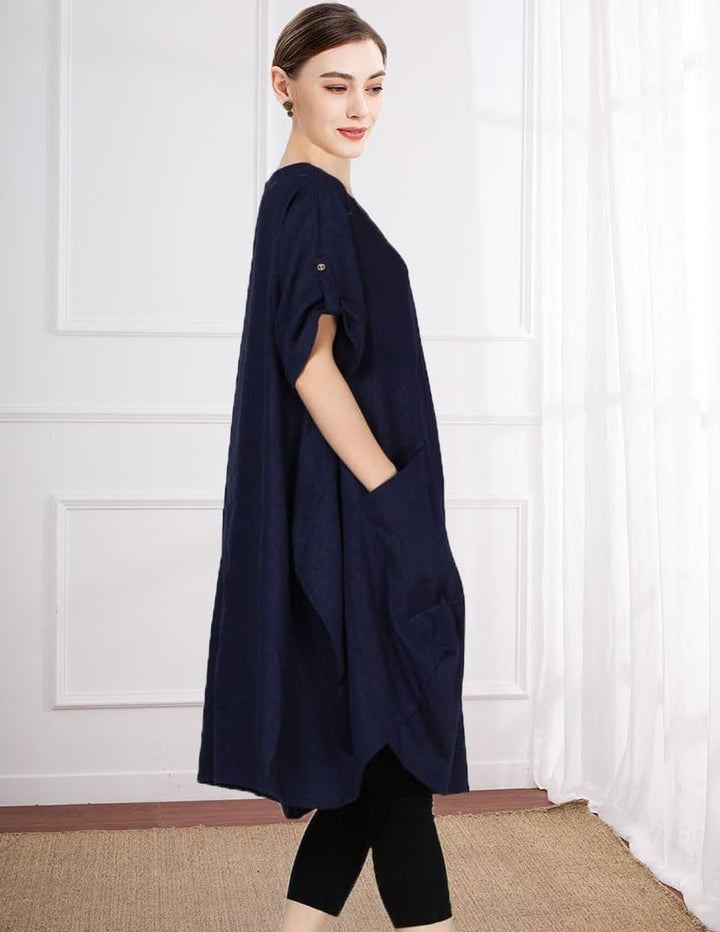 Wisteria Vestito Tunica Donna – Lino Cotone, Maniche Corte & Tasche Boho Oversize