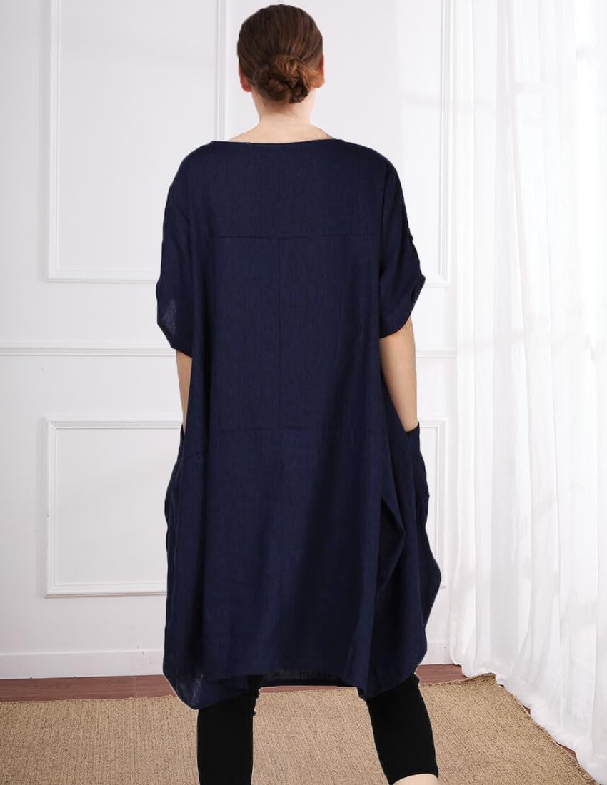 Wisteria Vestito Tunica Donna – Lino Cotone, Maniche Corte & Tasche Boho Oversize