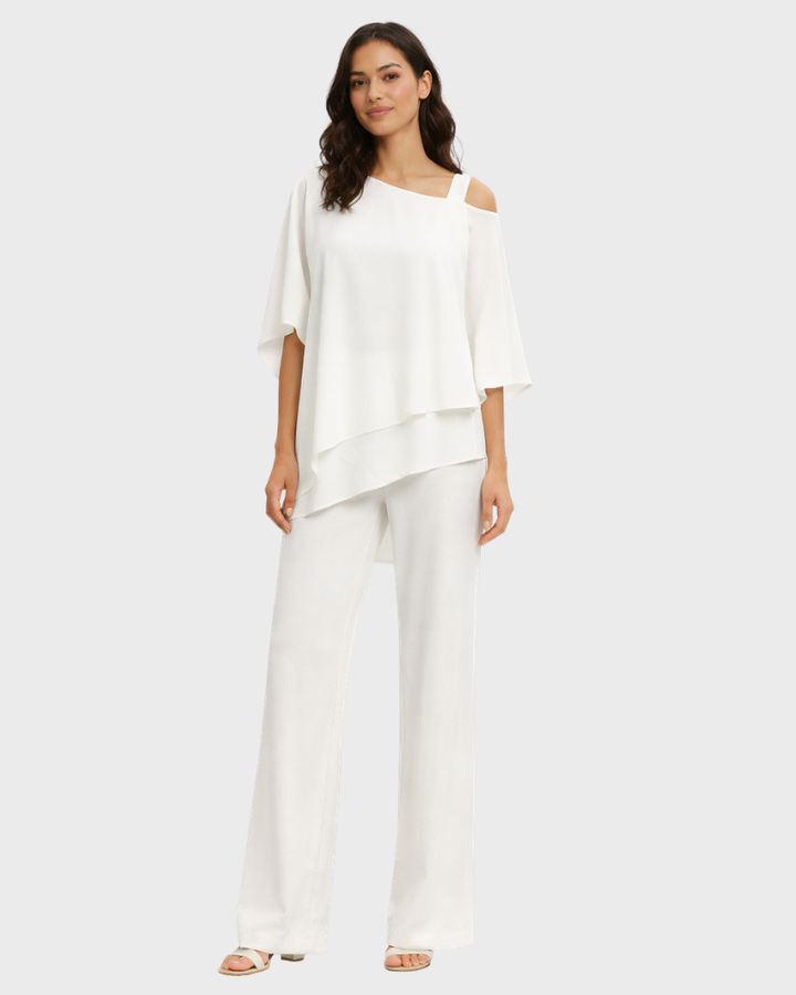 Set Leah Donna Elegant Două Piese – Compleu Top Asimetric și Pantaloni Fluidi
