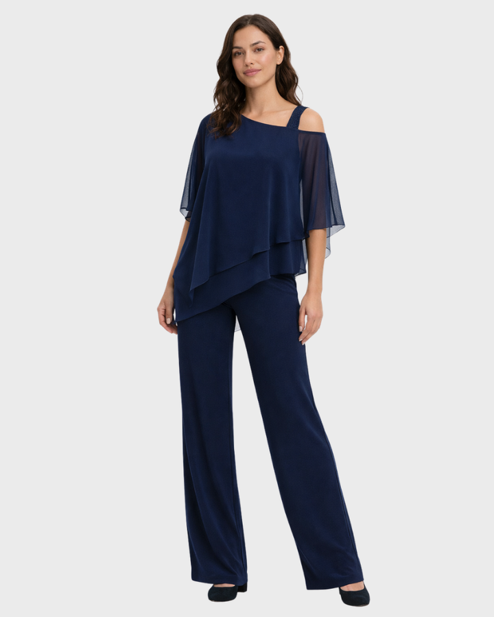 Set Leah Donna Elegant Două Piese – Compleu Top Asimetric și Pantaloni Fluidi