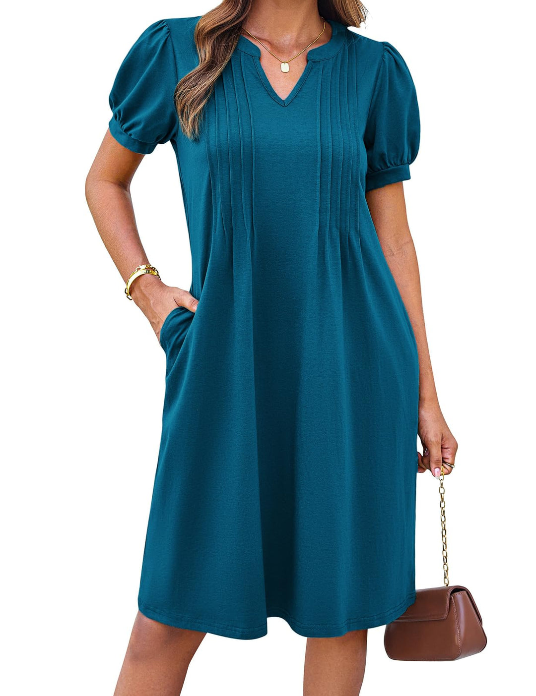Giada Vestito Midi Donna – Scollo Henley a V, Maniche Corte & A-Line con Tasche