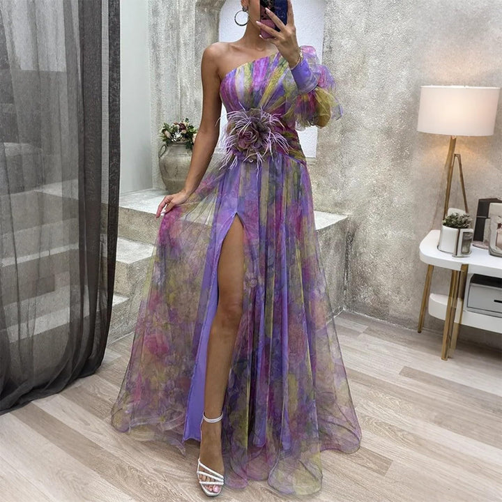 Evania Abito Elegante Donna – Spalle Scoperte, Tulle A-Line & Spacco Maxi da Sera