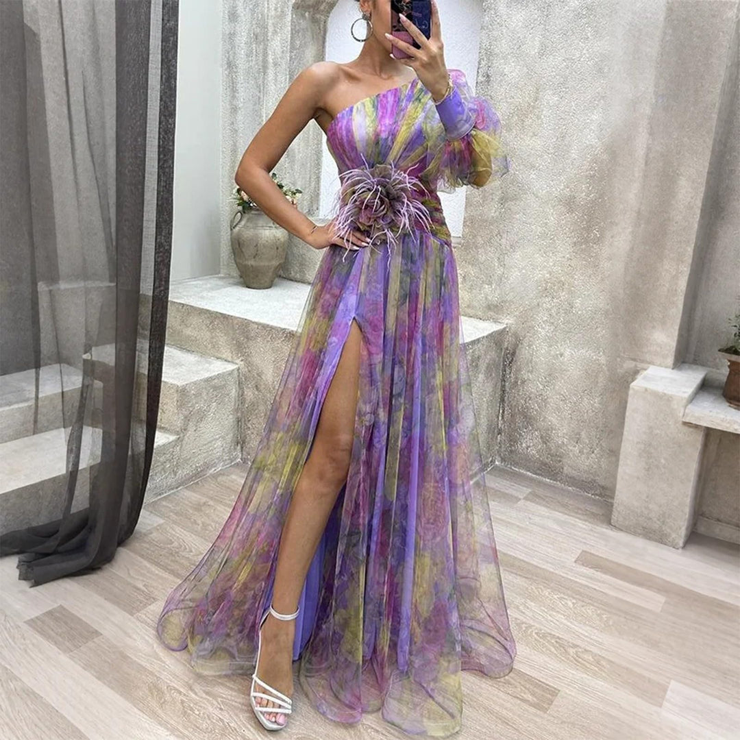 Evania Abito Elegante Donna – Spalle Scoperte, Tulle A-Line & Spacco Maxi da Sera