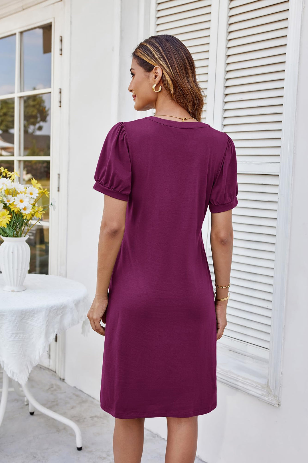 Giada Vestito Midi Donna – Scollo Henley a V, Maniche Corte & A-Line con Tasche