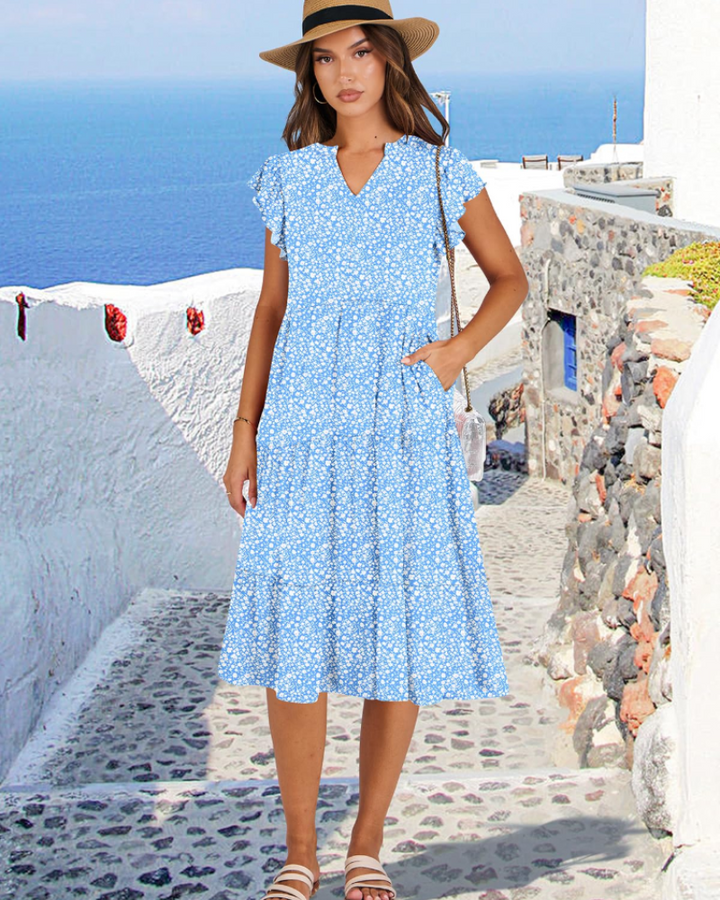 Quinn Midi šaty pro ženy – výstřih do V, volánové rukávy a boho šaty s volány