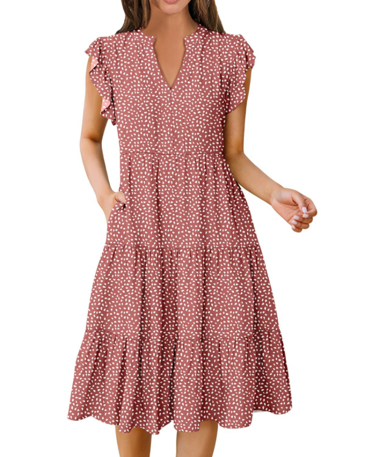 Quinn Midi šaty pro ženy – výstřih do V, volánové rukávy a boho šaty s volány