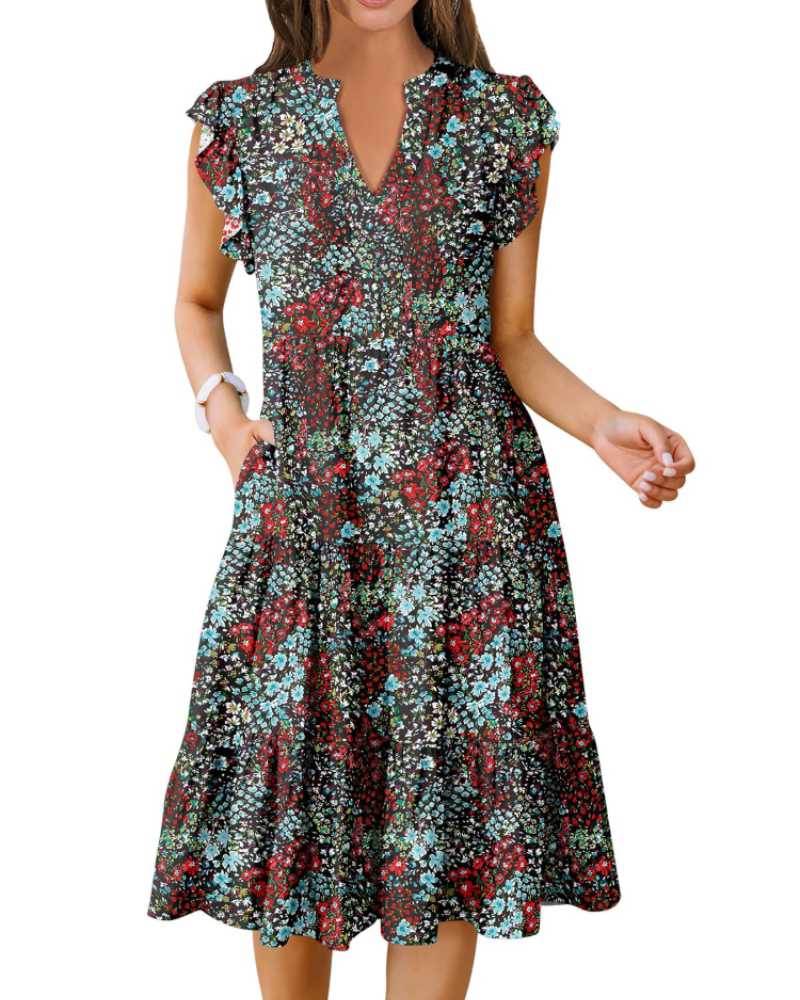 Quinn Midi šaty pro ženy – výstřih do V, volánové rukávy a boho šaty s volány