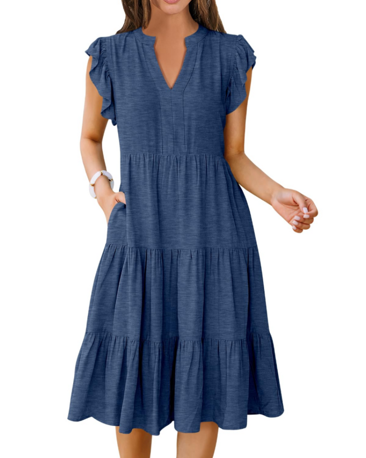 Quinn Midi šaty pro ženy – výstřih do V, volánové rukávy a boho šaty s volány