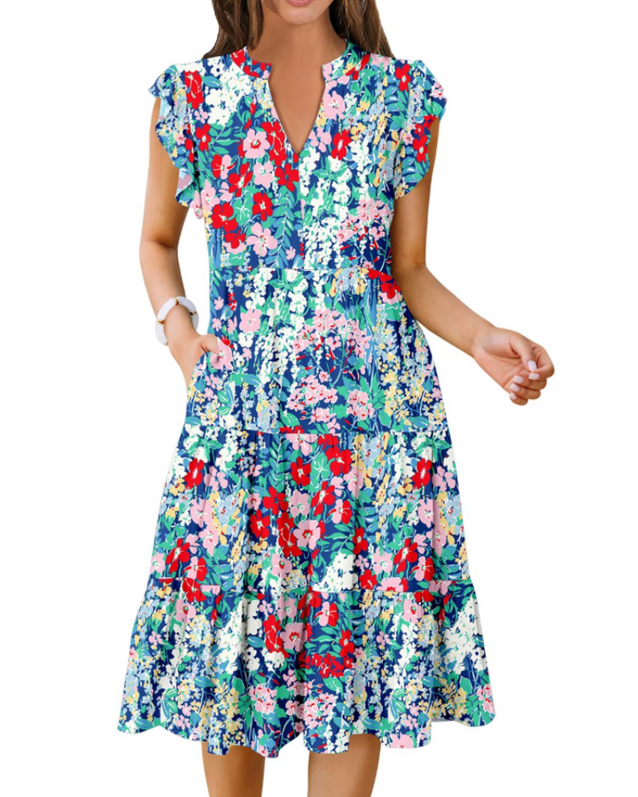Quinn Midi šaty pro ženy – výstřih do V, volánové rukávy a boho šaty s volány