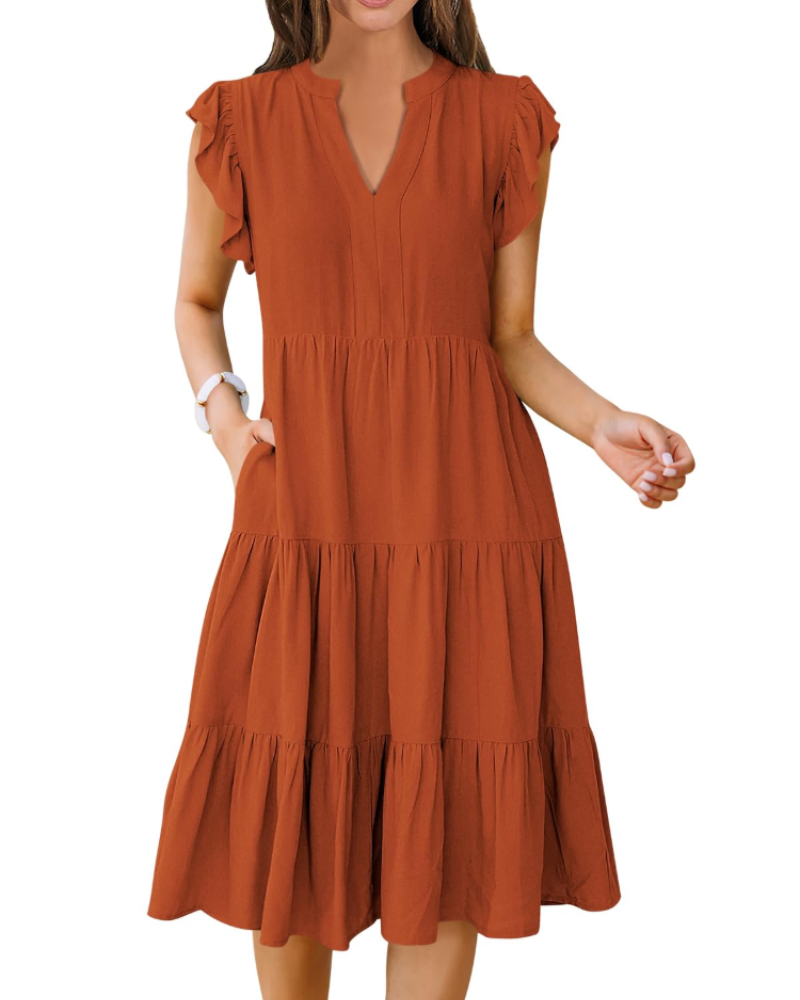 Quinn Midi šaty pro ženy – výstřih do V, volánové rukávy a boho šaty s volány