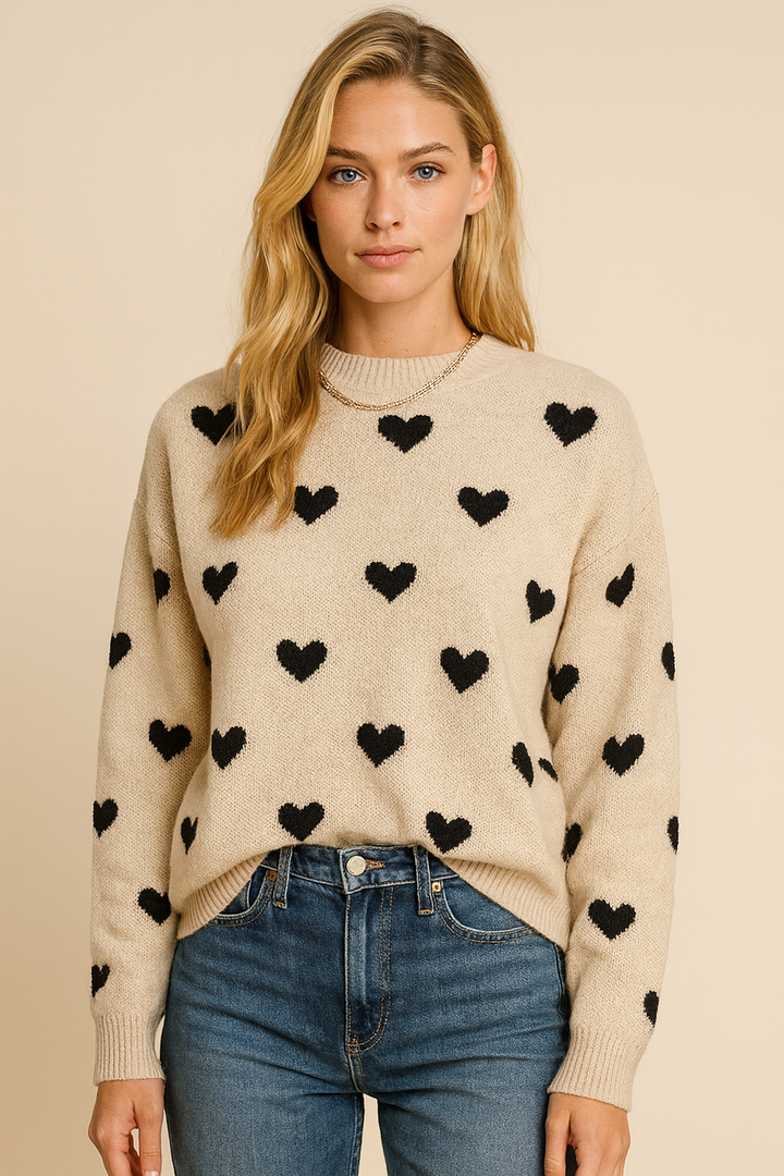 Chloey Maglione Donna con Cuori – Pullover Morbido Girocollo a Maniche Lunghe Casual Chic