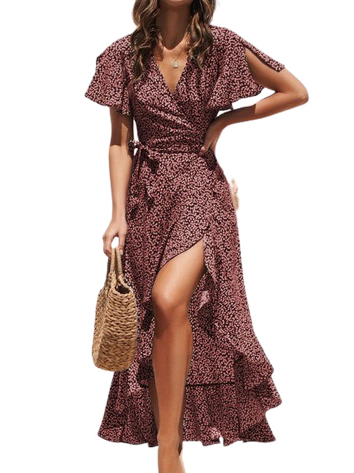Zara Maxikleid Damen – V-Ausschnitt, Volant-Ärmel mit Cold Shoulder & Asymmetrischer Saum