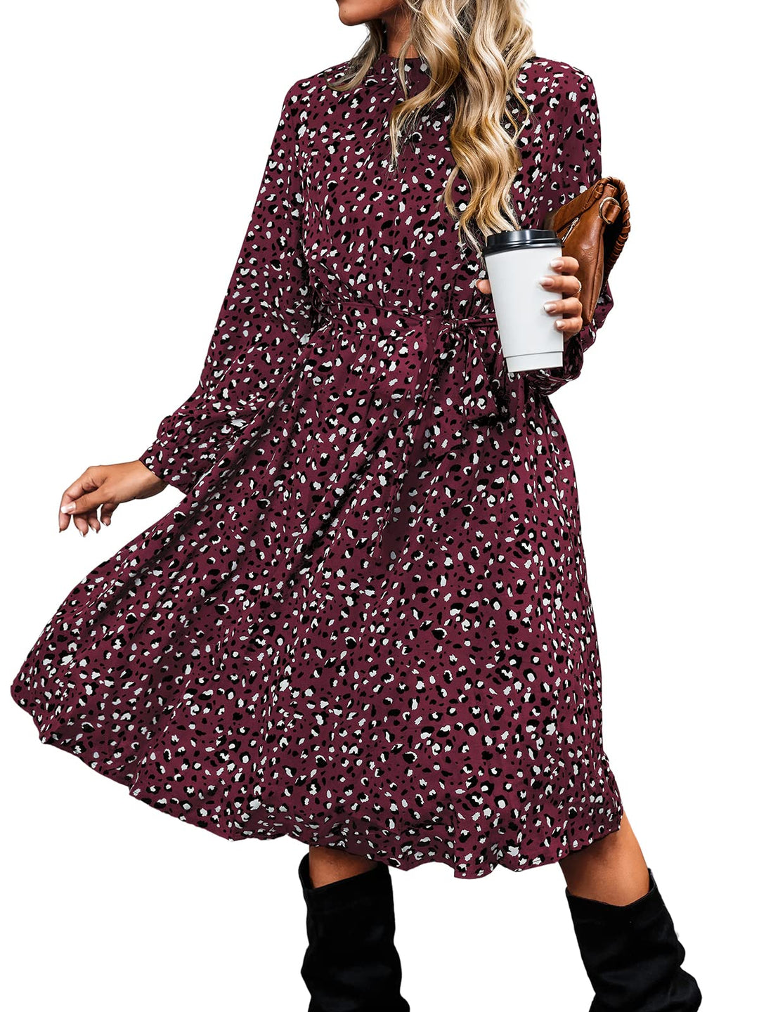 Lior Vestito Donna Leopardo – Collo Alto, Maniche Lunghe & Vita Regolabile A-Line
