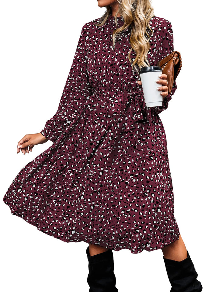 Lior Vestito Donna Leopardo – Collo Alto, Maniche Lunghe & Vita Regolabile A-Line