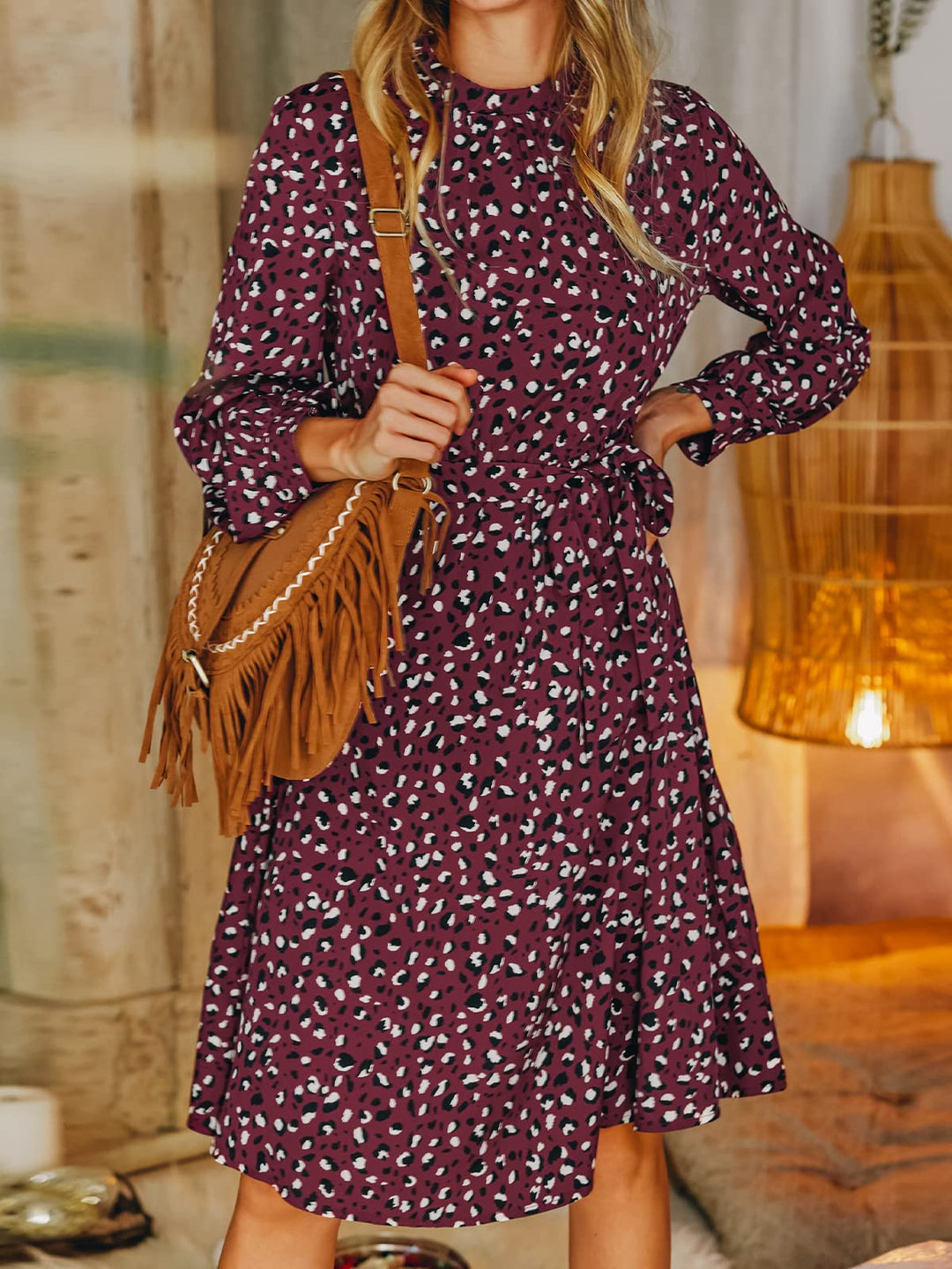 Lior Vestito Donna Leopardo – Collo Alto, Maniche Lunghe & Vita Regolabile A-Line