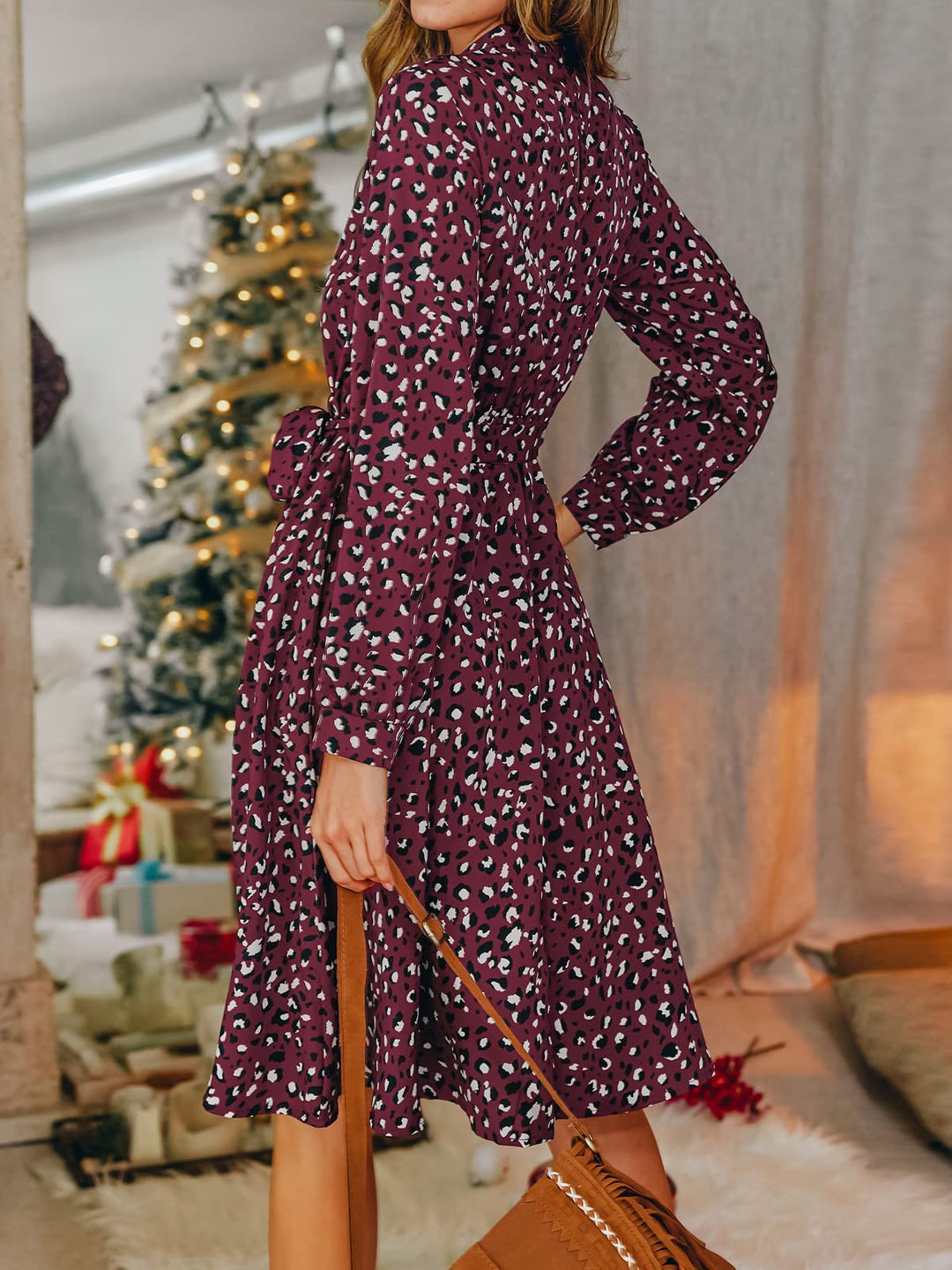 Lior Vestito Donna Leopardo – Collo Alto, Maniche Lunghe & Vita Regolabile A-Line