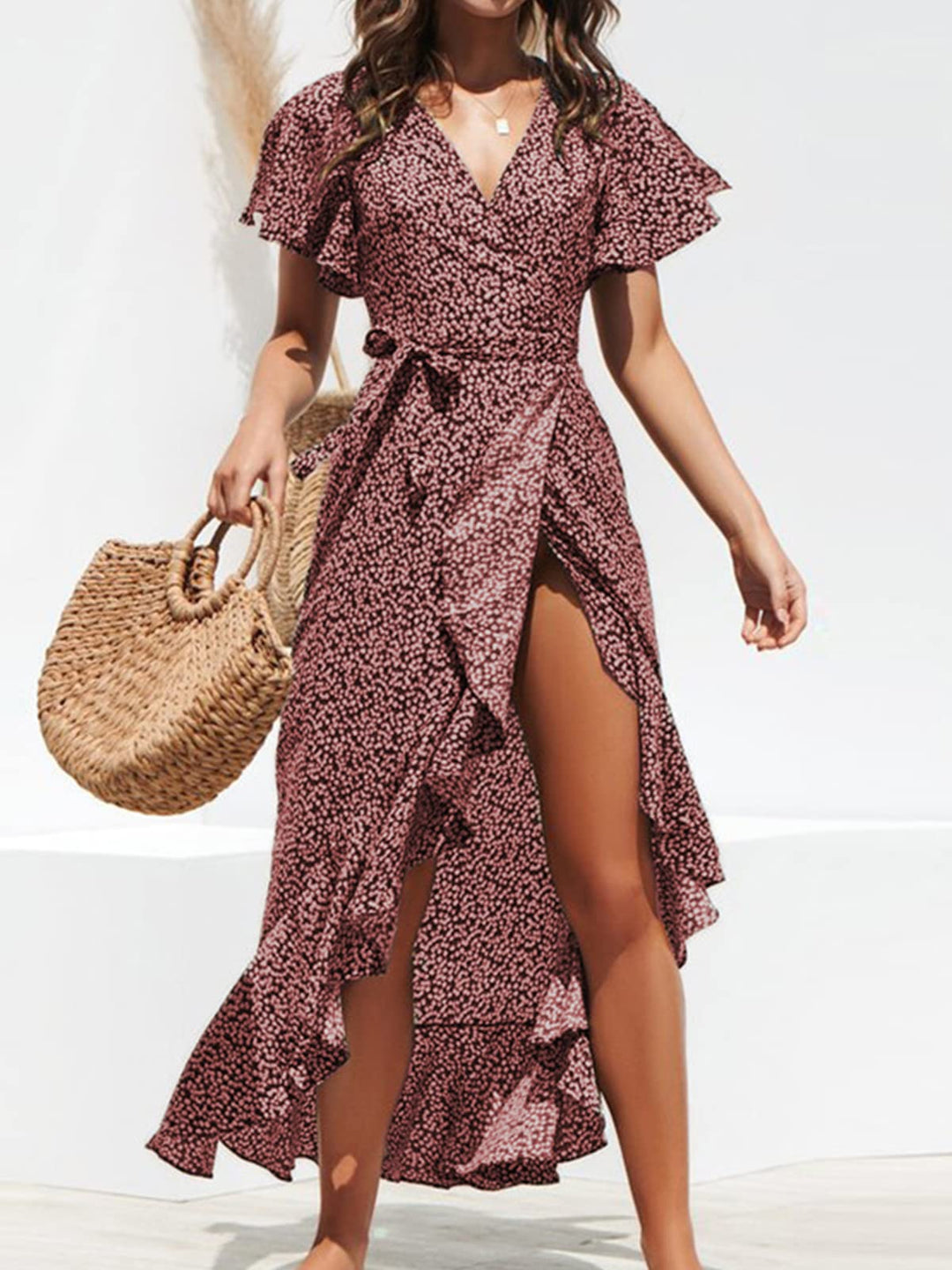 Zara Maxikleid Damen – V-Ausschnitt, Volant-Ärmel mit Cold Shoulder & Asymmetrischer Saum