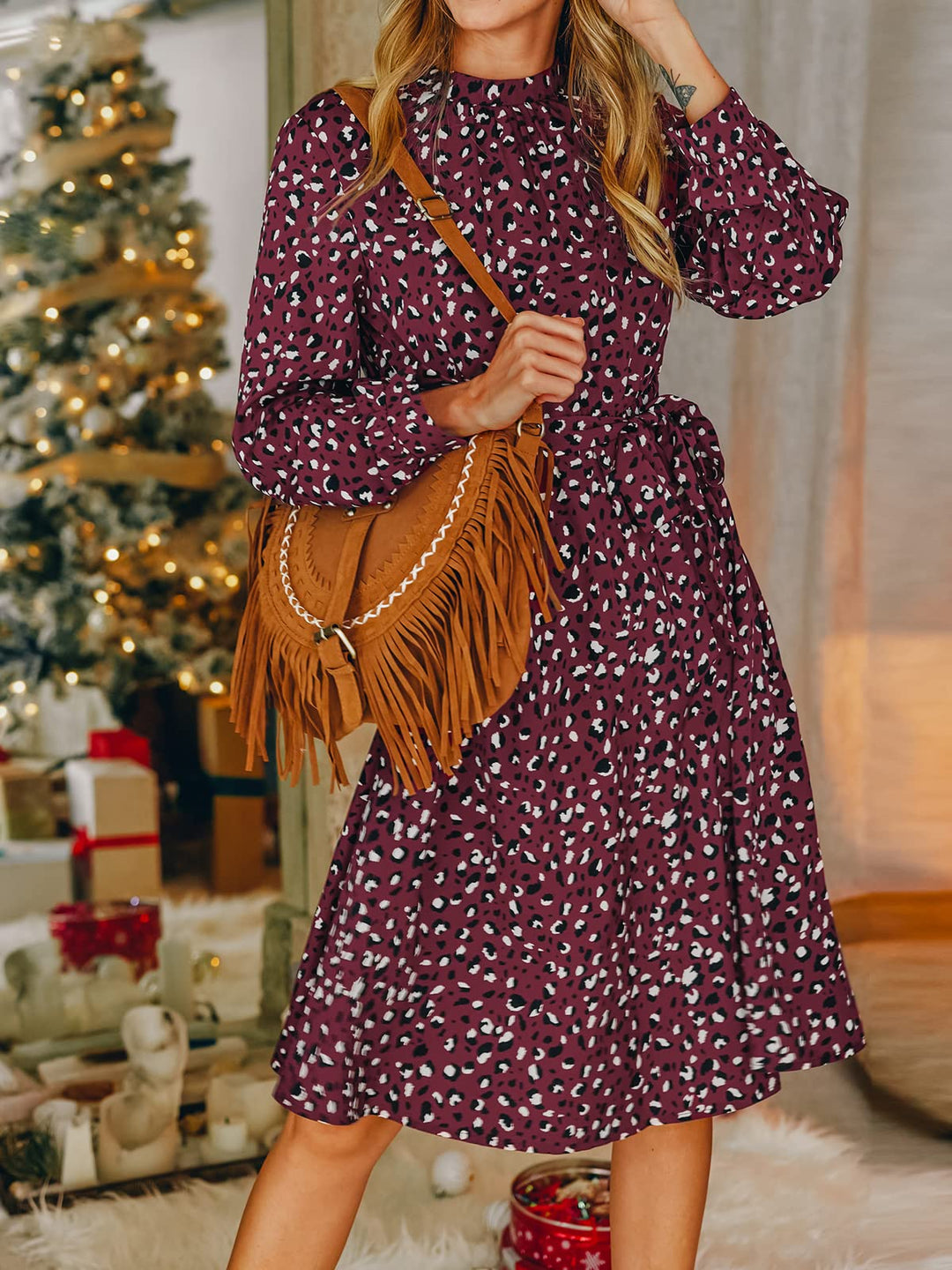 Lior Vestito Donna Leopardo – Collo Alto, Maniche Lunghe & Vita Regolabile A-Line