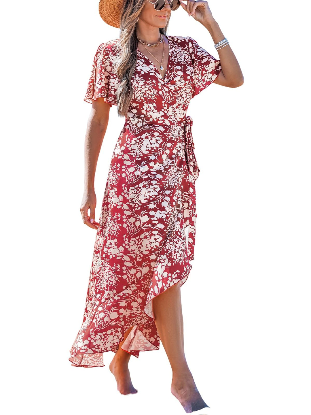 Zara Maxikleid Damen – V-Ausschnitt, Volant-Ärmel mit Cold Shoulder & Asymmetrischer Saum
