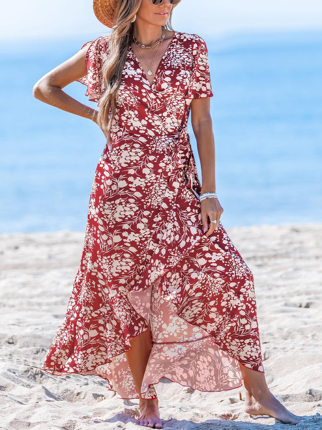 Zara Maxikleid Damen – V-Ausschnitt, Volant-Ärmel mit Cold Shoulder & Asymmetrischer Saum