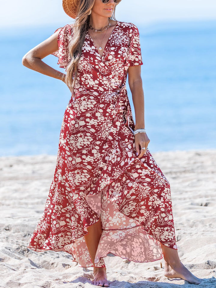Zara Maxikleid Damen – V-Ausschnitt, Volant-Ärmel mit Cold Shoulder & Asymmetrischer Saum