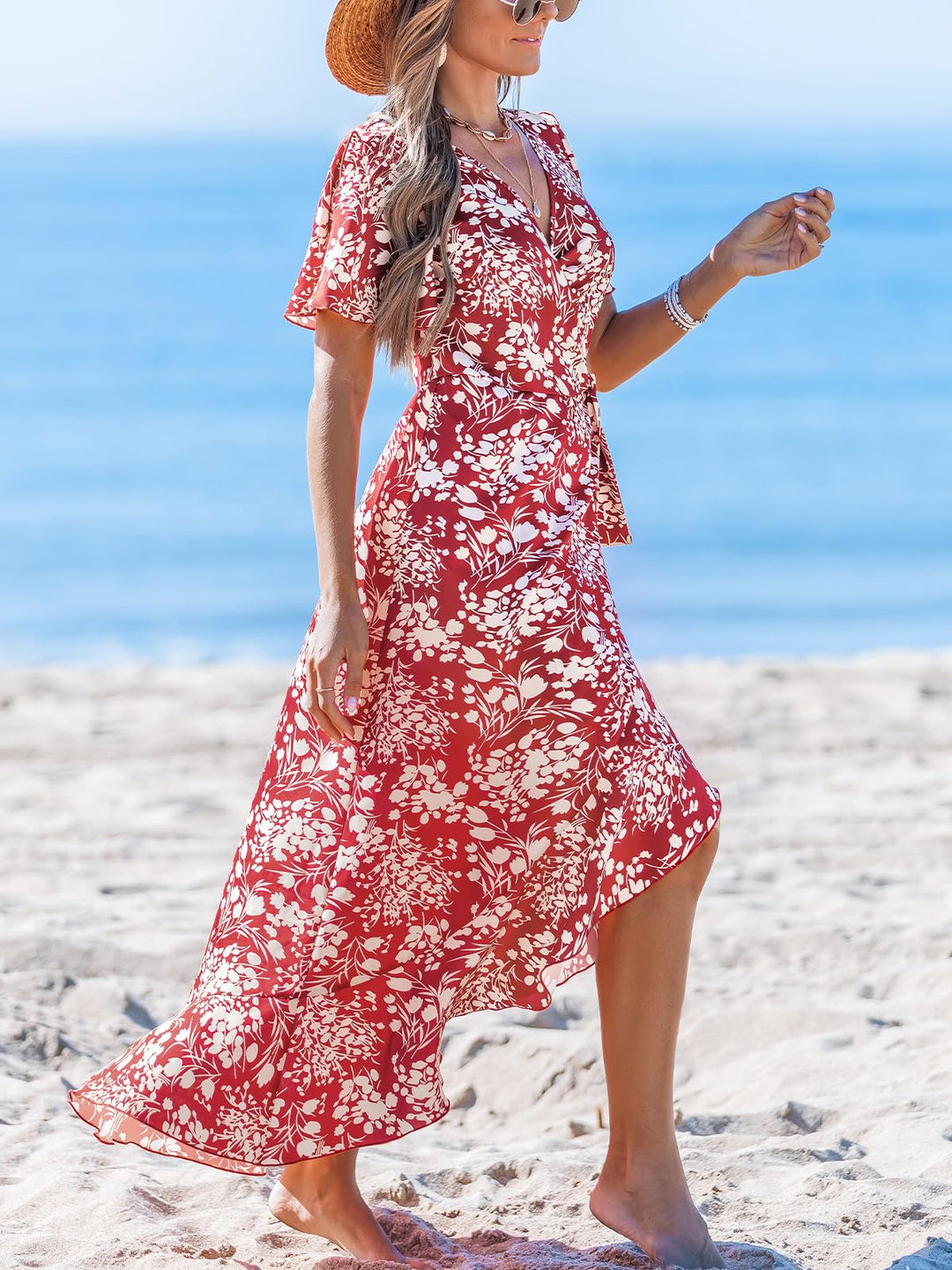 Zara Maxikleid Damen – V-Ausschnitt, Volant-Ärmel mit Cold Shoulder & Asymmetrischer Saum