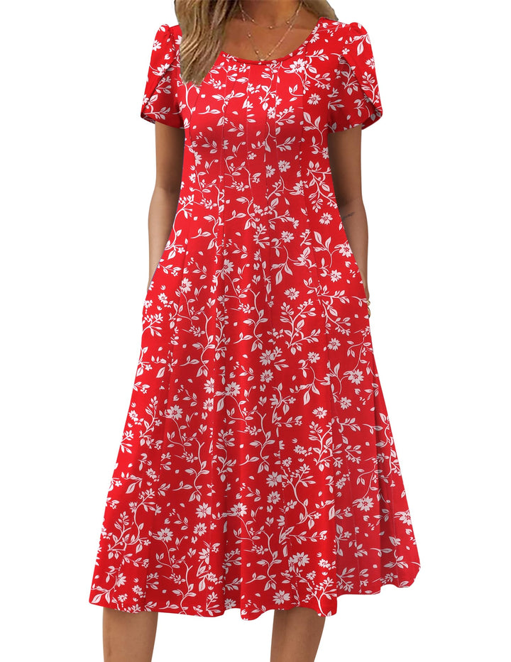 Belle robe midi femme – col rond, manches bouffantes et poches, ligne A élégante