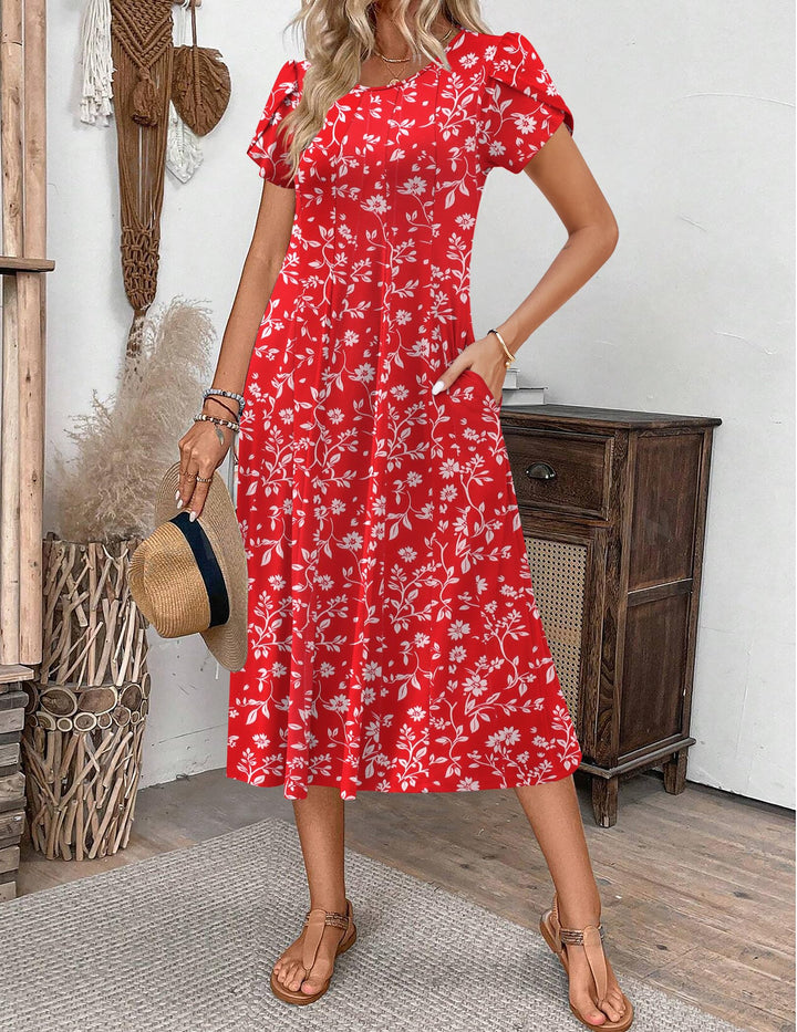 Belle robe midi femme – col rond, manches bouffantes et poches, ligne A élégante