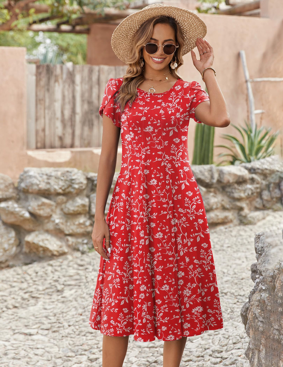 Belle robe midi femme – col rond, manches bouffantes et poches, ligne A élégante