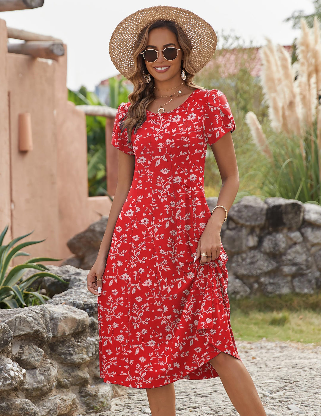 Belle robe midi femme – col rond, manches bouffantes et poches, ligne A élégante