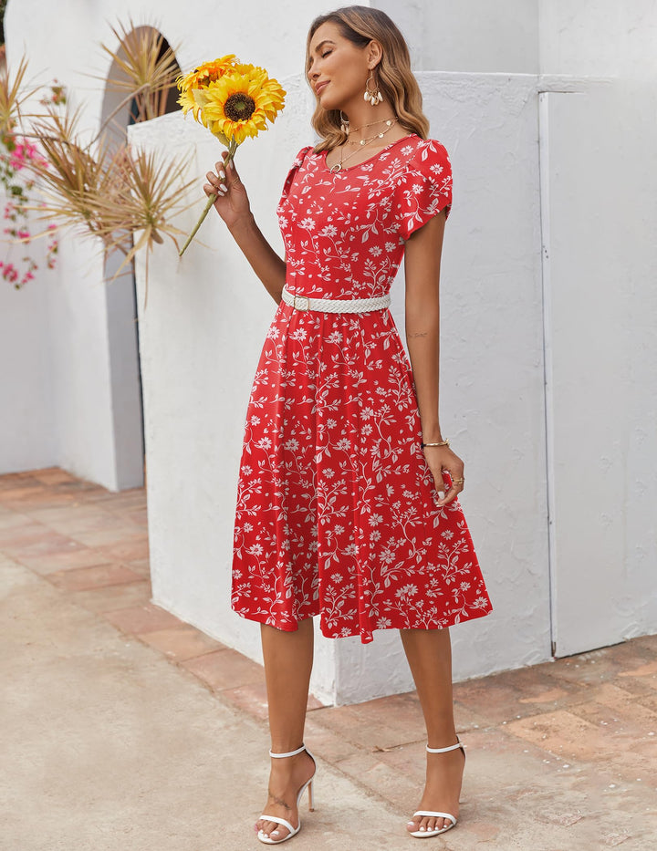 Belle robe midi femme – col rond, manches bouffantes et poches, ligne A élégante