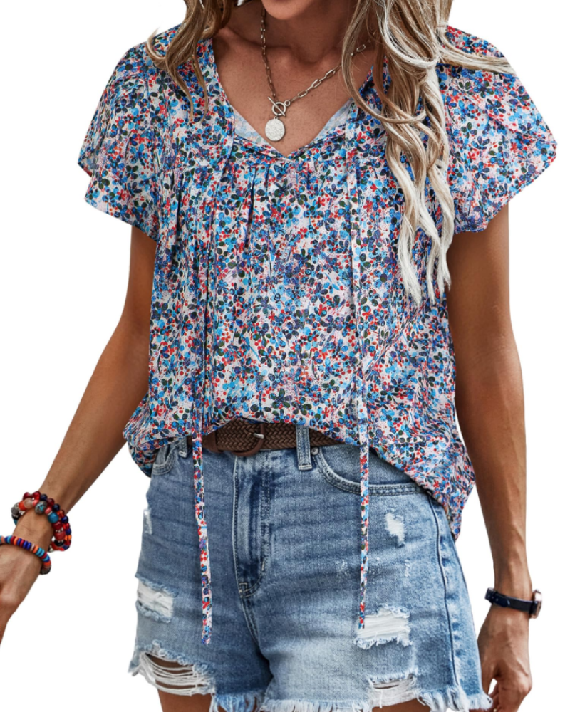 Renza Bluză Damă – Decolteu în V, Imprimeu Floral Boho & Top Casual cu Volane