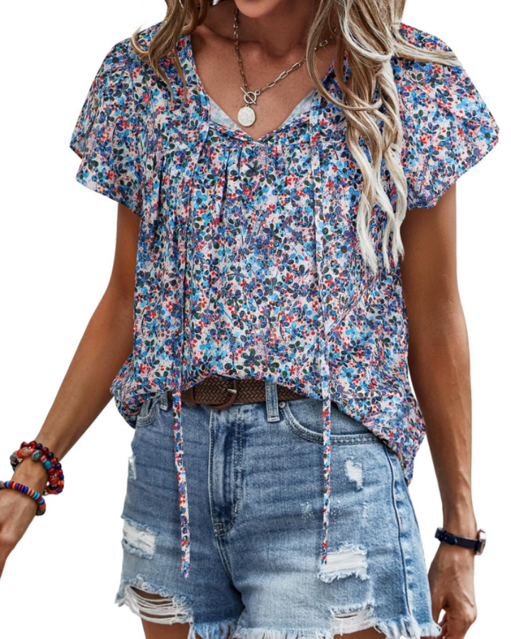 Renza Bluză Damă – Decolteu în V, Imprimeu Floral Boho & Top Casual cu Volane