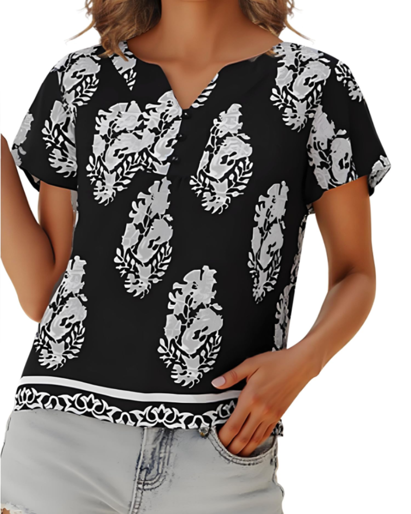 Renza Bluză Damă – Decolteu în V, Imprimeu Floral Boho & Top Casual cu Volane