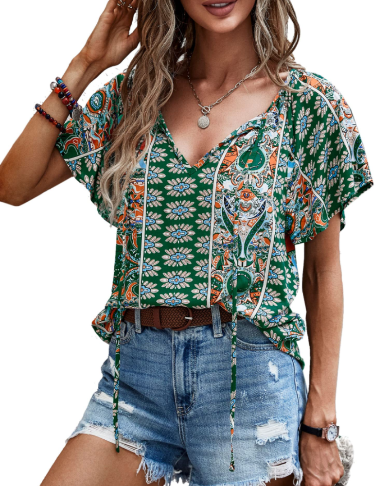 Renza Bluză Damă – Decolteu în V, Imprimeu Floral Boho & Top Casual cu Volane