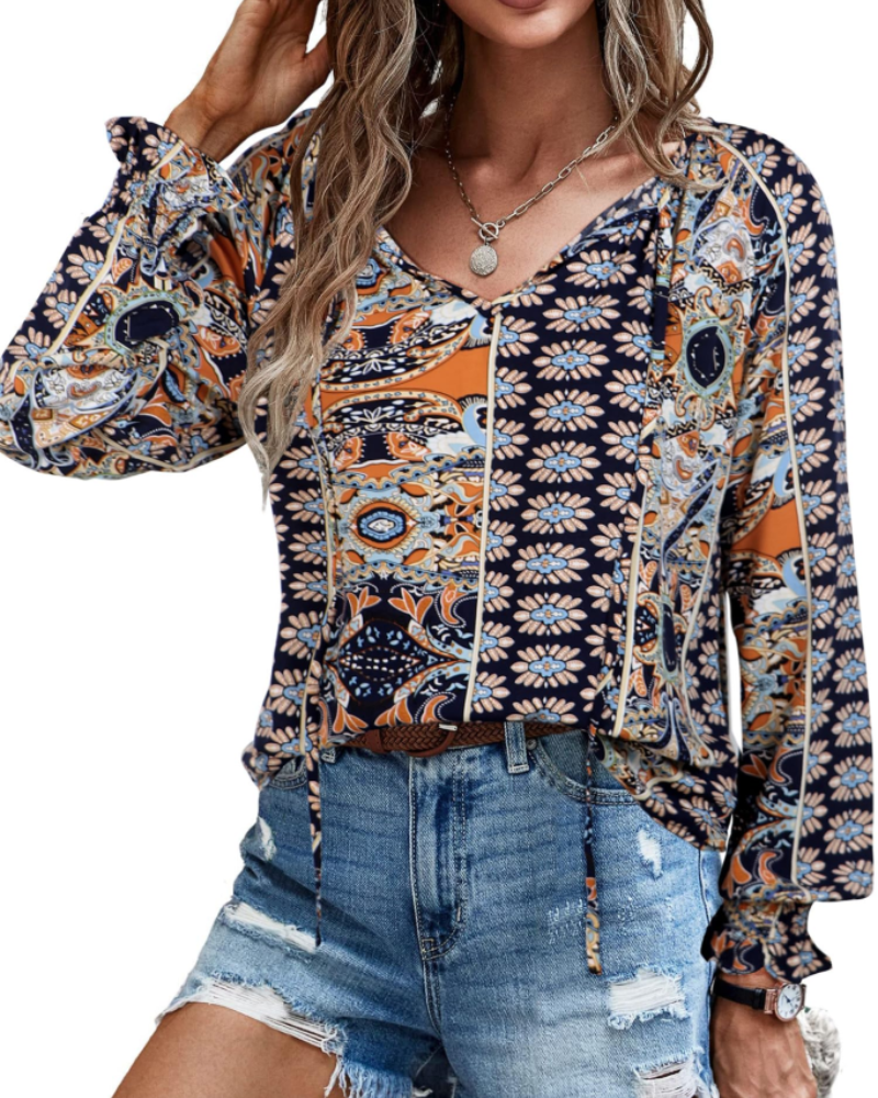 Renza Bluză Damă – Decolteu în V, Imprimeu Floral Boho & Top Casual cu Volane