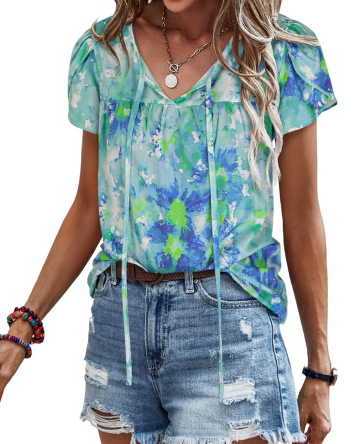 Renza Bluză Damă – Decolteu în V, Imprimeu Floral Boho & Top Casual cu Volane