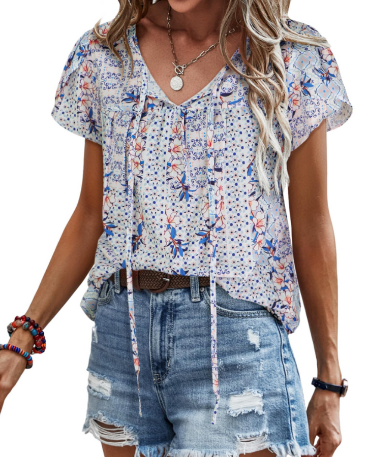 Renza Bluză Damă – Decolteu în V, Imprimeu Floral Boho & Top Casual cu Volane