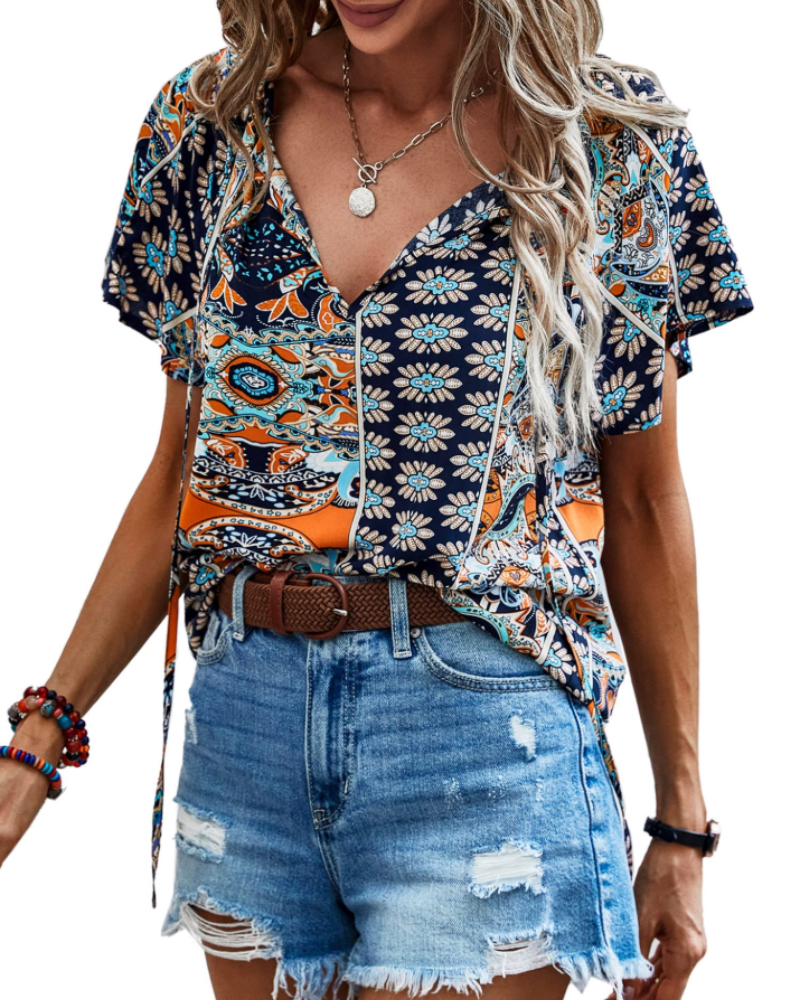 Renza Bluză Damă – Decolteu în V, Imprimeu Floral Boho & Top Casual cu Volane
