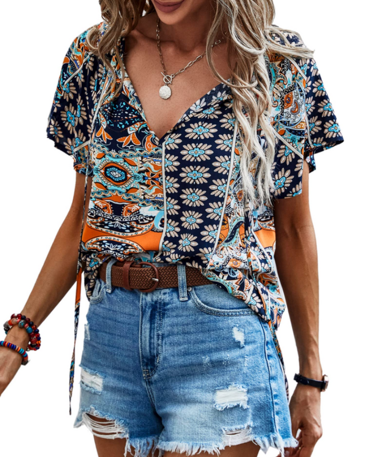 Renza Bluză Damă – Decolteu în V, Imprimeu Floral Boho & Top Casual cu Volane