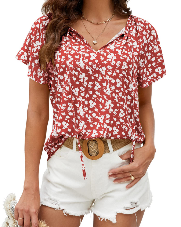 Renza Bluză Damă – Decolteu în V, Imprimeu Floral Boho & Top Casual cu Volane